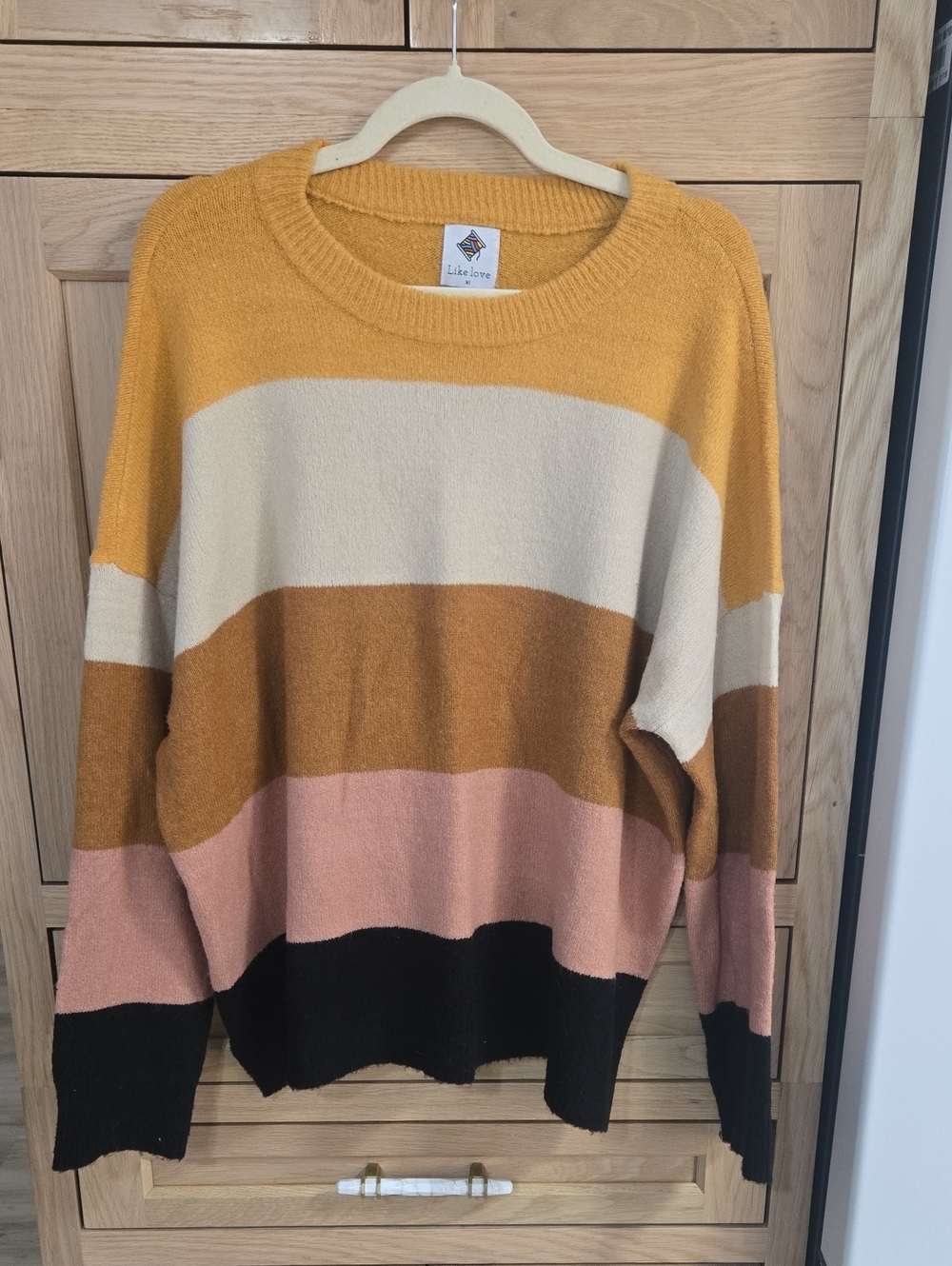 Like Love Striped Crewneck Sweater - Mustard, Cream, Brown, Pink & Black